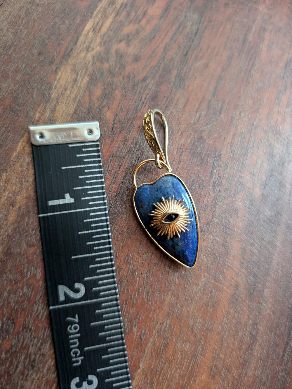 Blue Lapis Shield Gold Drop Earrings with Sunburst Eye Accent - Picture 3 of 6